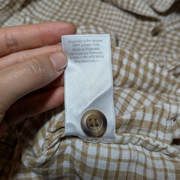 Everlane 100% Linen Dress Plaid Cream Tan Mini Short Sleeve XS Shirtdress Pocket - Picture 8 of 9